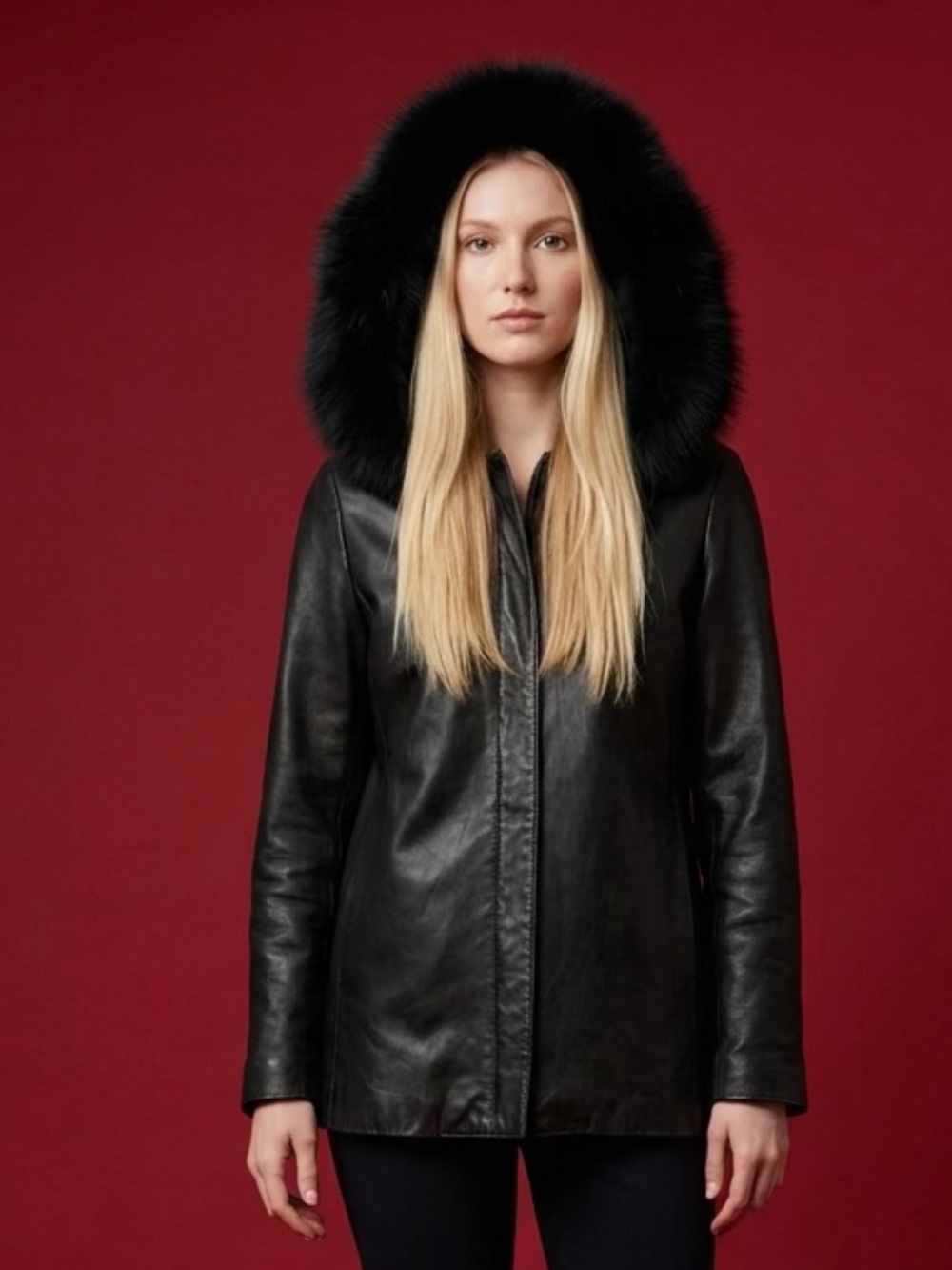 Vintage Women's Black Leather Hooded Coat with Fur Trim Sz S     **READ**